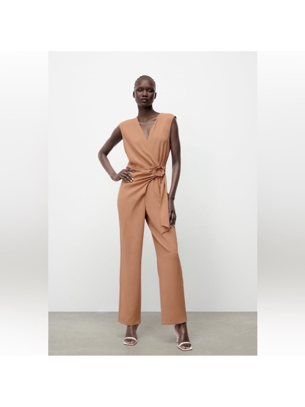 Zara Sleeveless V-Neck Jumpsuit with Side Knot in Camel Brown